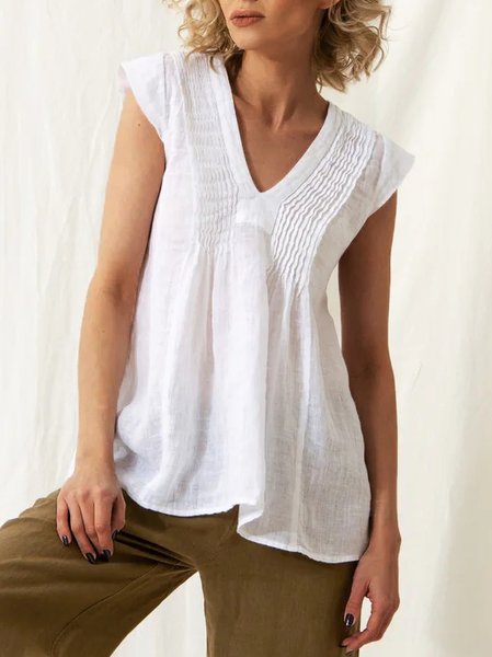 

Linen Cotton And Linen Loose V Neck Shirt, White, Tank Tops & Camis