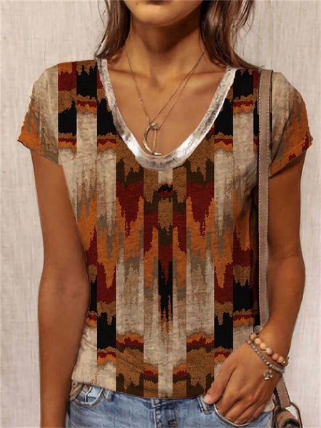 

Women's summer vintage print short sleeve T-shirt, Brown, T-Shirts