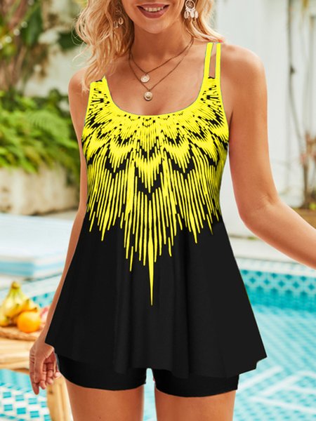 

Vacation Ethnic Printing Scoop Neck Tankini, Yellow, swimwear>>Tankinis