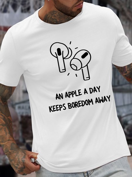 

Men’s An Apple A Day Keeps Boredom Away Regular Fit Crew Neck Text Letters Casual T-Shirt, White, T-shirts