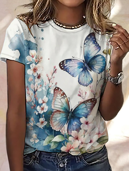 

Women's Cute Butterfly Blue Floral Loose Simple Crew Neck T-Shirt, T-shirts