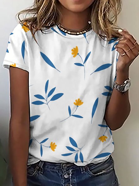 

Women's Floral Leaf Crew Neck Loose Casual T-Shirt, As picture, T-shirts