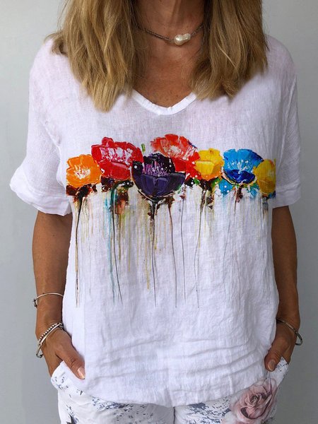 

V Neck Cotton Casual Floral Shirt, White, Shirts & Blouses