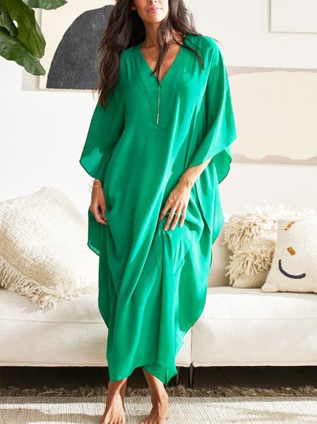 

Loose V Neck Vacation Plain Dress, Green, Maxi Dresses