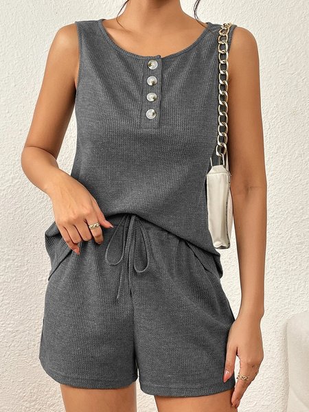 

Crew Neck Plain Casual Drawstring Two-Piece Set, Gray, Tops