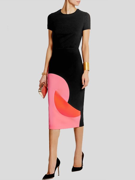 

Regular Fit Crew Neck Elegant Dress, Black, Midi Dresses