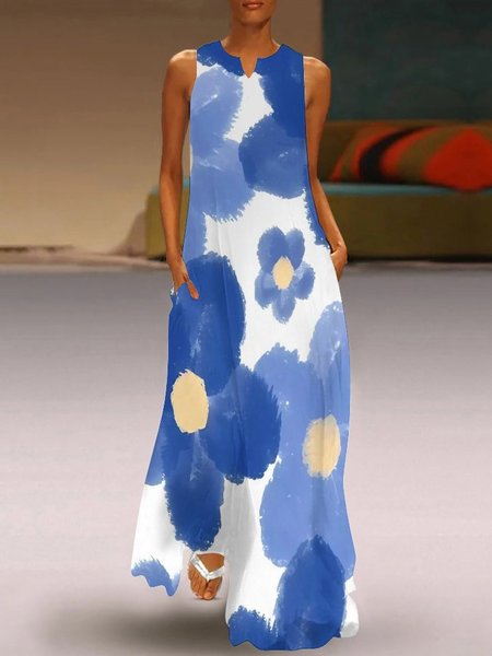

Daily Elegant Notched Regular Fit Dress, Blue, Maxi Dresses