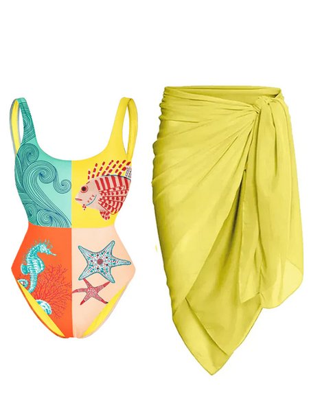 

Vacation Animal Printing Scoop Neck One Piece With Cover Up, Multicolor, One-Pieces