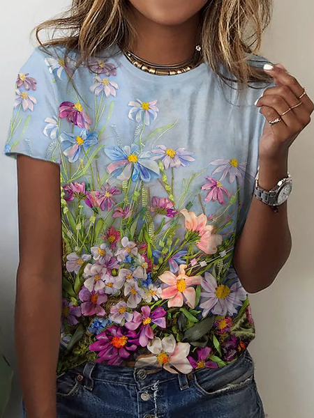 

Vacation Crew Neck Loose Floral T-Shirt, Blue, T-Shirts