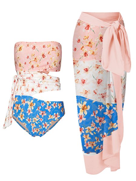 

Vacation Floral Printing Strapless One Piece With Cover Up, Pink, One-Pieces
