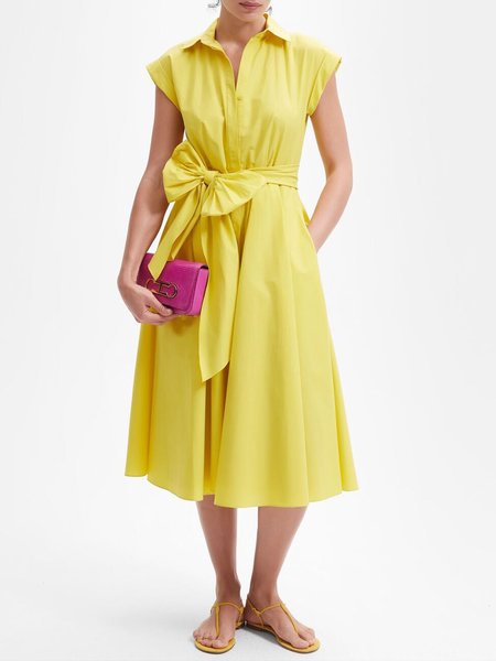 

Elegant Plain Shirt Collar Pockets Dress With Belt, Yellow, Midi Dresses