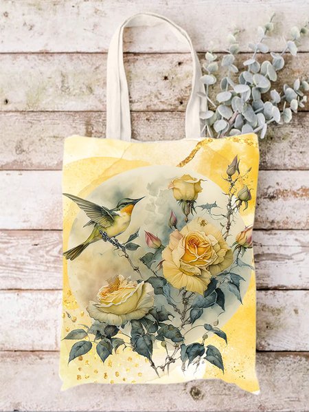 Women's Yellow Floral Bird Shopping Tote, As picture, Bags