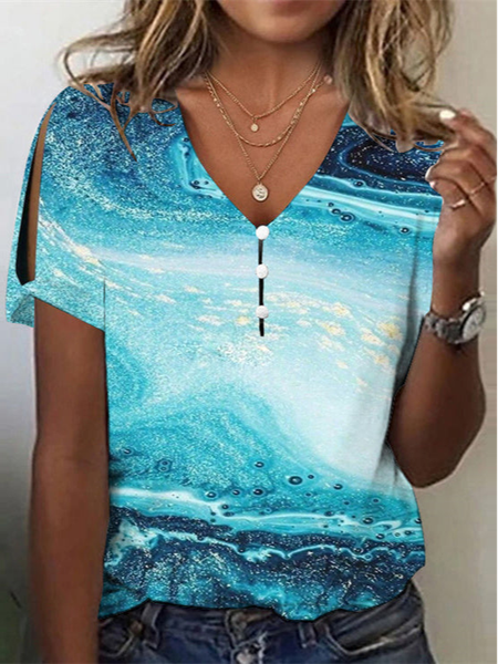 

Abstract Loose V Neck Casual T-Shirt, Blue, T-Shirts