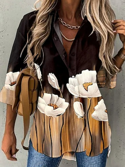 

Casual Floral Shirt Collar Blouse, Black, Shirts & Blouses