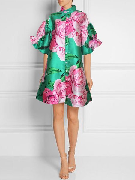 

Elegant Floral Shirt Collar Loose Dress, As picture, Midi Dresses