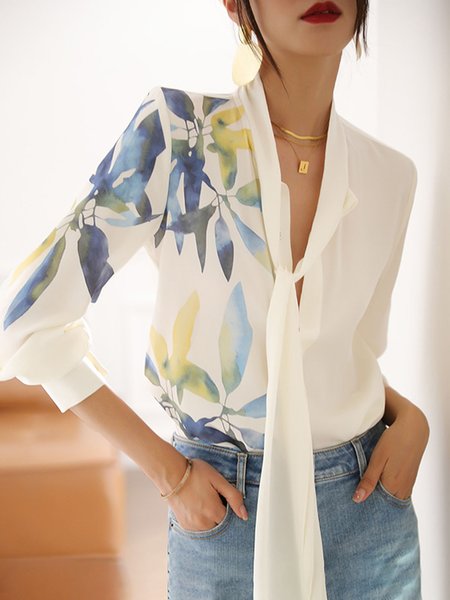 

Elegant Long sleeve Loose Plants Blouse, White, Blouses and Shirts