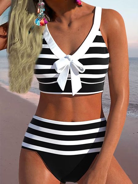 

Striped V Neck Printing Casual Bikini, Black, swimwear>>Bikini Sets