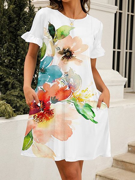 

Floral Ruffled Sleeves Loose Casual Dress, White, Dresses