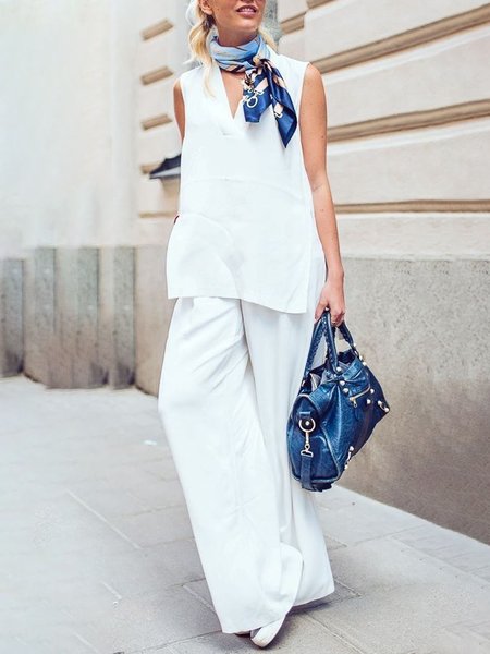 

Plain V Neck Loose Casual Two-Piece Set, White, Two-piece Set