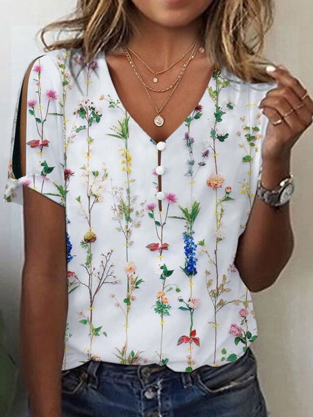 

Floral Loose Casual V Neck T-Shirt, White, T-Shirts