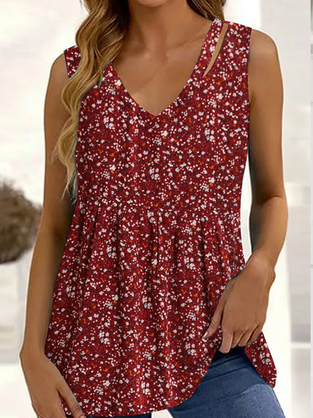 

V Neck Knitted Vacation Floral Tank Top, Red, Tanks & Camis