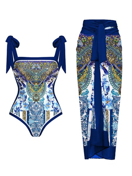 

Vacation Ethnic Printing Scoop Neck One Piece With Cover Up, Blue, swimwear>>One-Pieces