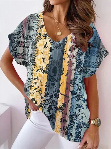 

Floral V Neck Loose Vintage Shirt, Blue, Shirts & Blouses