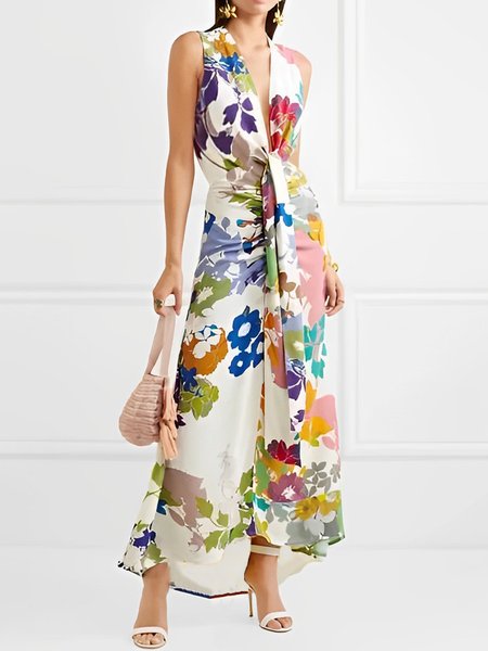 

Deep V Neck Regular Fit Vacation Floral Dress, Multicolor, Maxi Dresses