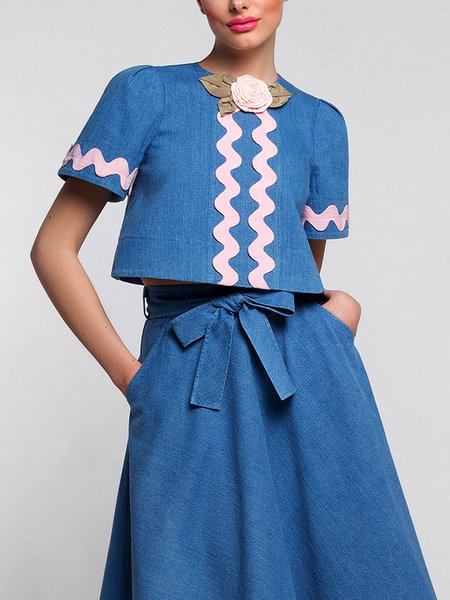 

Elegant Crew Neck Regular Fit Shirt, Blue, Blouses and Shirts