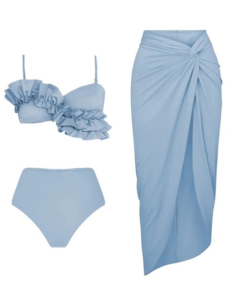 

Vacation Plain Flouncing Notched Bikini With Cover Up, Blue, Bikini Sets