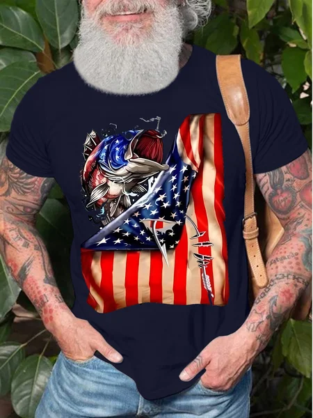 

Men's America Flag Fish Funny Graphic Printing Loose Crew Neck Cotton Casual T-Shirt, Purplish blue, T-shirts