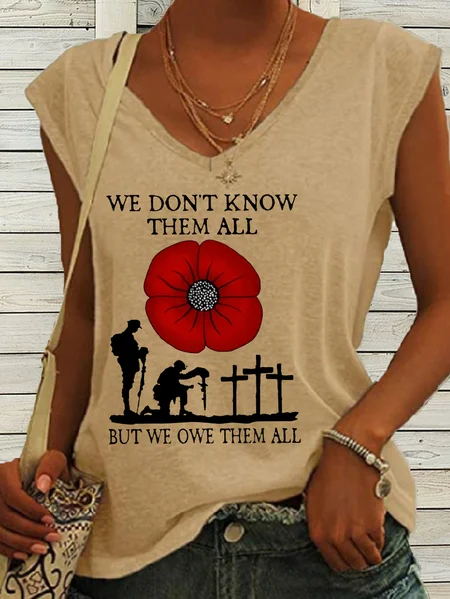 

Women's We Don't Know Them But We Owe Them All V Neck Casual Tank Top, Khaki, Tank Tops