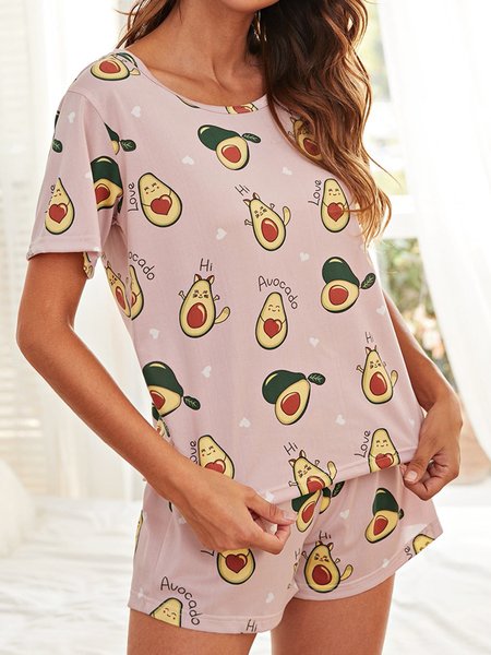 

Cute Cartoon Avocado Short Sleeve Shorts Comfortable Casual Pajamas Set, Pink, Sleepwear&Robes