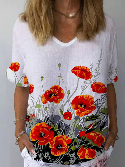 

Floral Casual Loose V Neck Shirt, White, Shirts & Blouses