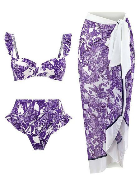 

Vacation Animal Printing Notched Bikini With Cover Up, Purple, Bikini Sets