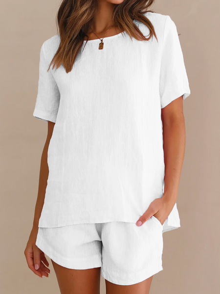 

JFN Cotton & Linen Casual Crew Neck Two-Piece Set, White, Suit Set