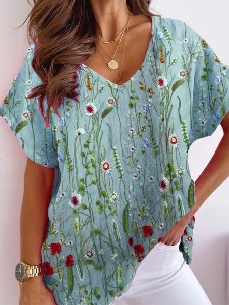 

Women's Summer Floral Vacation Short Sleeve T-shirt, Green, T-Shirts