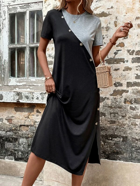 

Buckle Casual Color Block Summer Dress, Black, Dresses