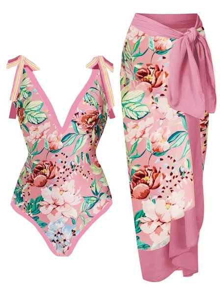 

V Neck Floral Vacation One Piece With Cover Up, Pink, One-Pieces