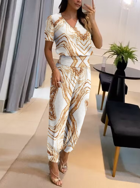 

Ombre Loose Casual V Neck Two-Piece Set, Yellow brown, Suit Set