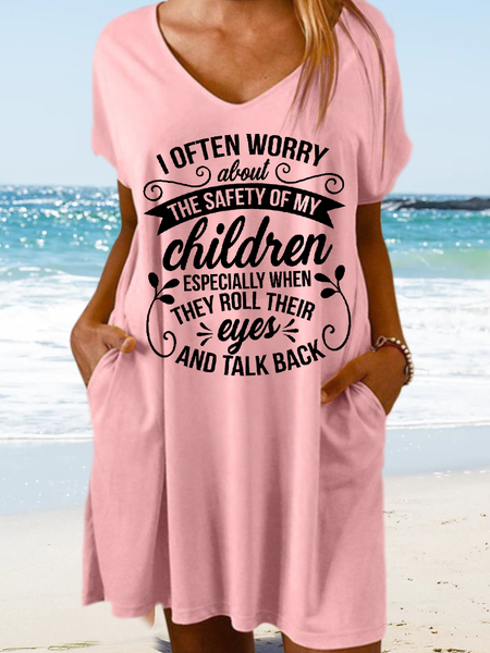 

Women’s Funny Mom I Often Worry About The Safety of My Children Mother's Day V Neck Loose Casual Dress, Pink, Dresses