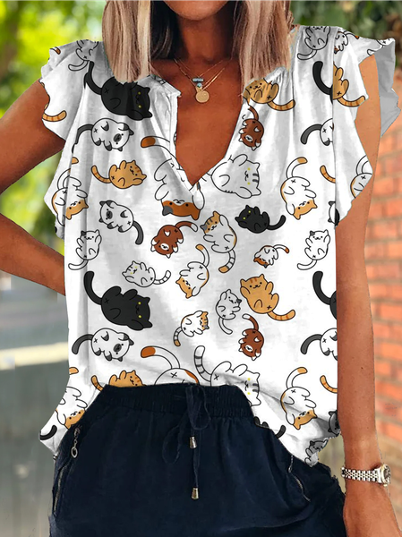 

Women's Cute Cat Print Casual Crew Neck T-Shirt, White, T-shirts