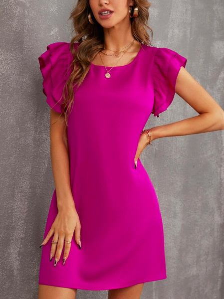

Plain Crew Neck Casual Layered Ruffle Trim Tunic Dress, Pink, Dresses
