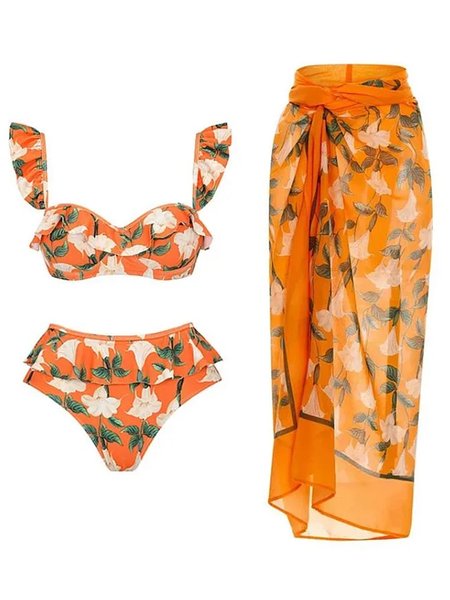 

Vacation Floral Printing Notched Bikini With Cover Up, Orange, Bikini Sets