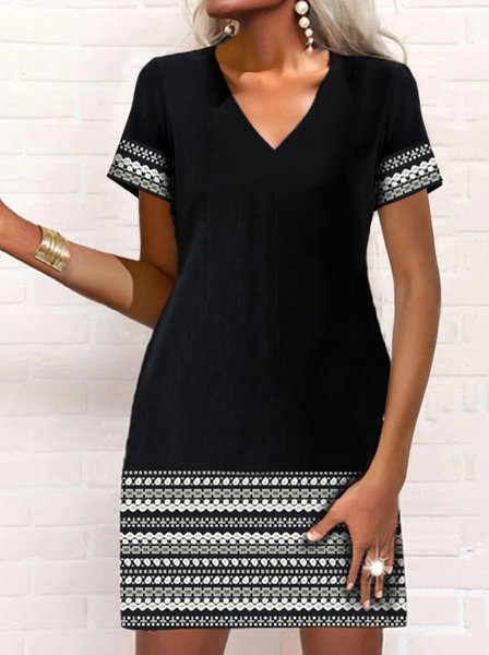 

Casual Geometric V Neck Dress, Black, Dresses