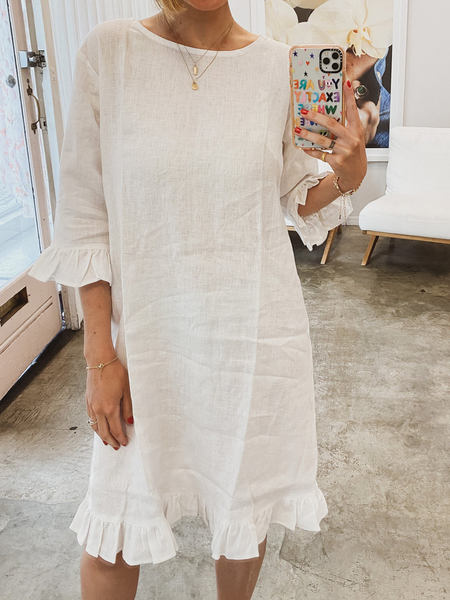 

Women Casual Loose Ruffle Hem Half Sleeve Cotton And Linen White Dress, Mini Dresses
