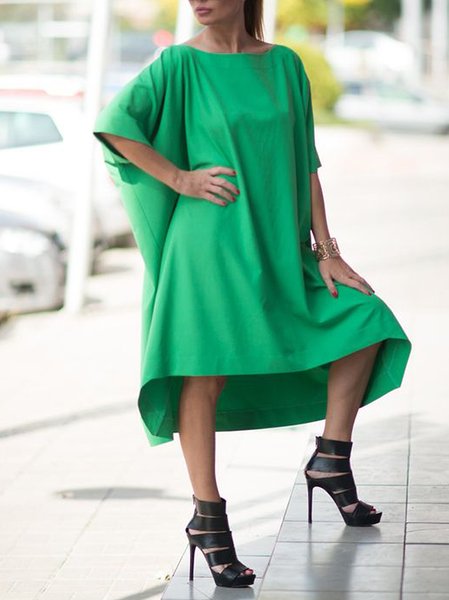 

Crew Neck Loose Plain Casual Dress, Green, Midi Dresses