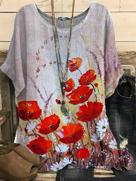 Crew Neck Casual Floral Loose Shirt