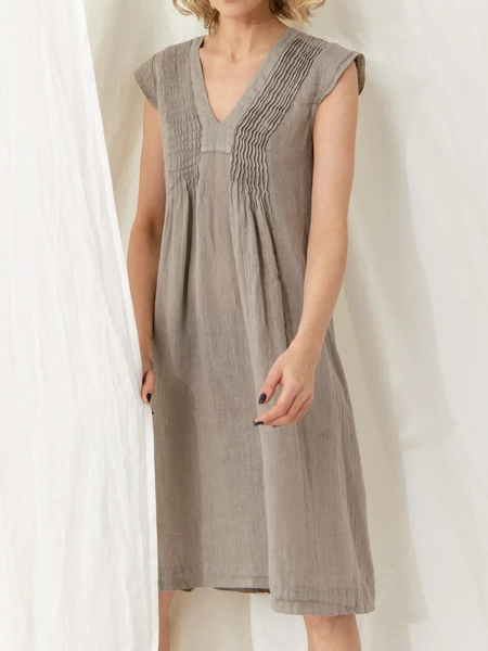 

Linen Cotton And Linen V Neck Dress, Khaki, Dresses