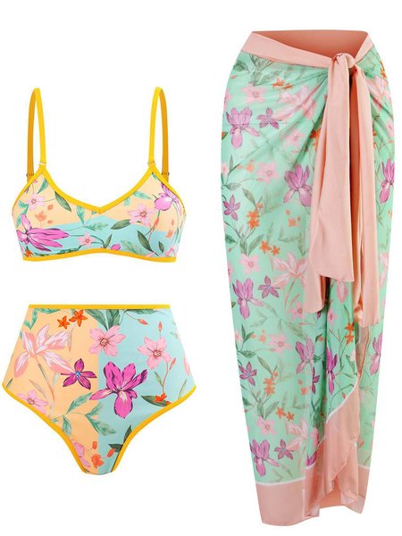 

Vacation Floral Printing Scoop Neck Bikini With Cover Up, Multicolor, Bikini Sets